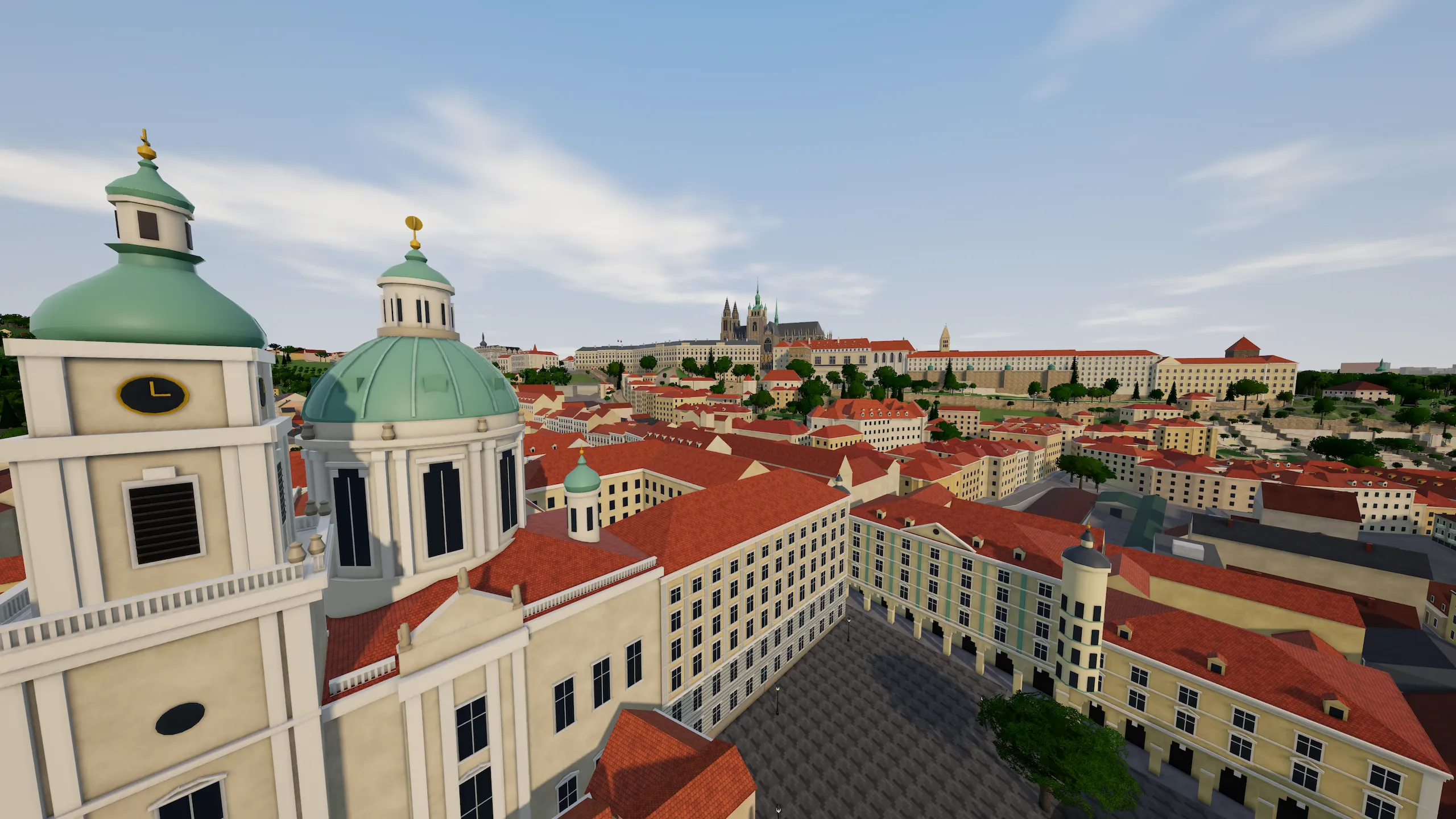 A cinewhoop passing the dome of St. Nicholas with Prague Castle behind
